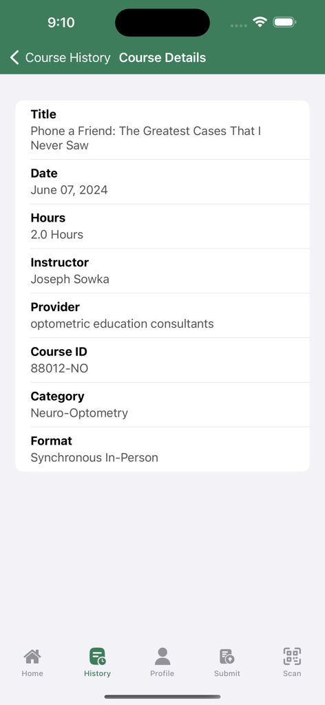 OE TRACKER attendance app - Course details screen in the OE TRACKER app showing continuing education credits for optometrists.