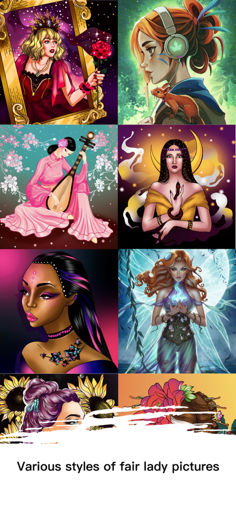 A collection of diverse female portraits in various artistic styles for coloring