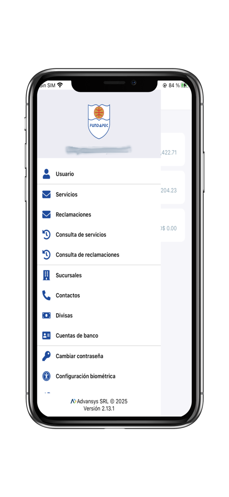 Fundapec - Fundapec app side navigation menu with options for services loan inquiries and account settings