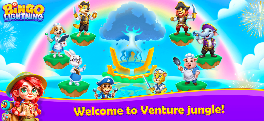 Bingo Lightning - Pantalla de bienvenida de Bingo Lightning que muestra varios personajes de animales de dibujos animados en un vibrante tema de Venture Jungle.