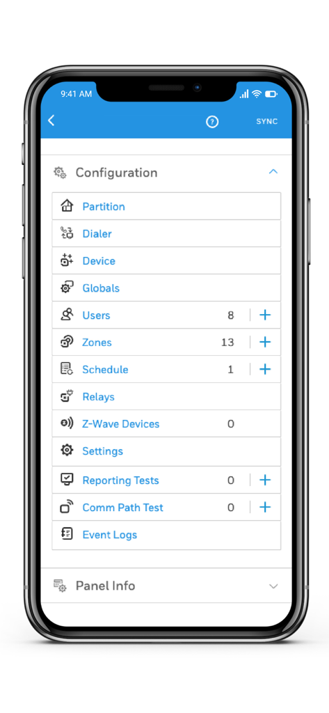 Menú de configuración de la aplicación AlarmNet 360 para la configuración profesional del sistema de seguridad