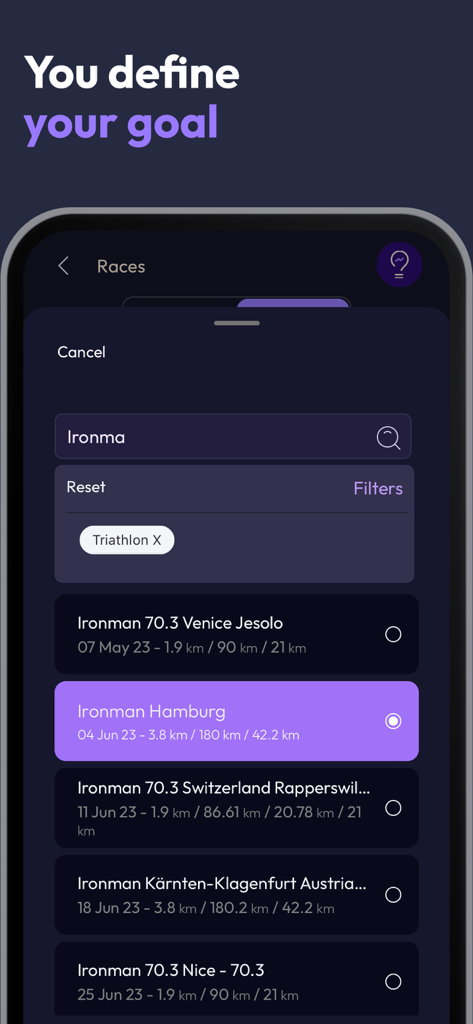 2PEAK Cycling & Triathlon - Race selection screen in 2PEAK app for setting endurance training goals