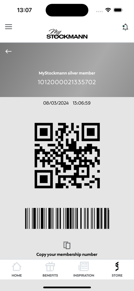 MyStockmann - Digital MyStockmann silver membership card featuring a QR code and barcode for in-store shopping rewards.