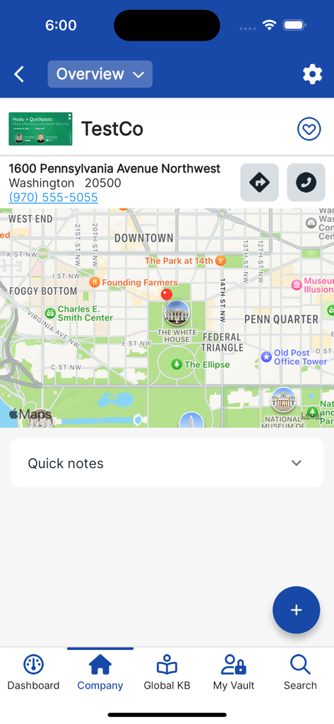 Hudu Mobile - Client overview screen in Hudu Mobile showing company address and map location