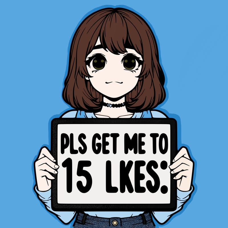 realistic girl holding up a sign that says “pls get me to 15 likes!”