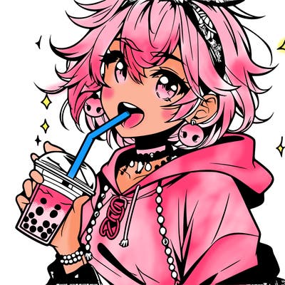 hot baddie anime girl drinking boba and biting the straw
