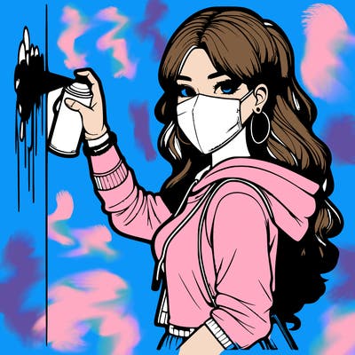 realistic girl with mask spray painting a wall