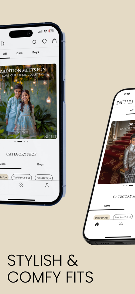 INCLUD - Interface of the INCLUD mobile app showing stylish and comfortable children's clothing collections
