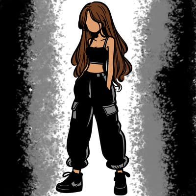girl in baggy pants crop top and long hair