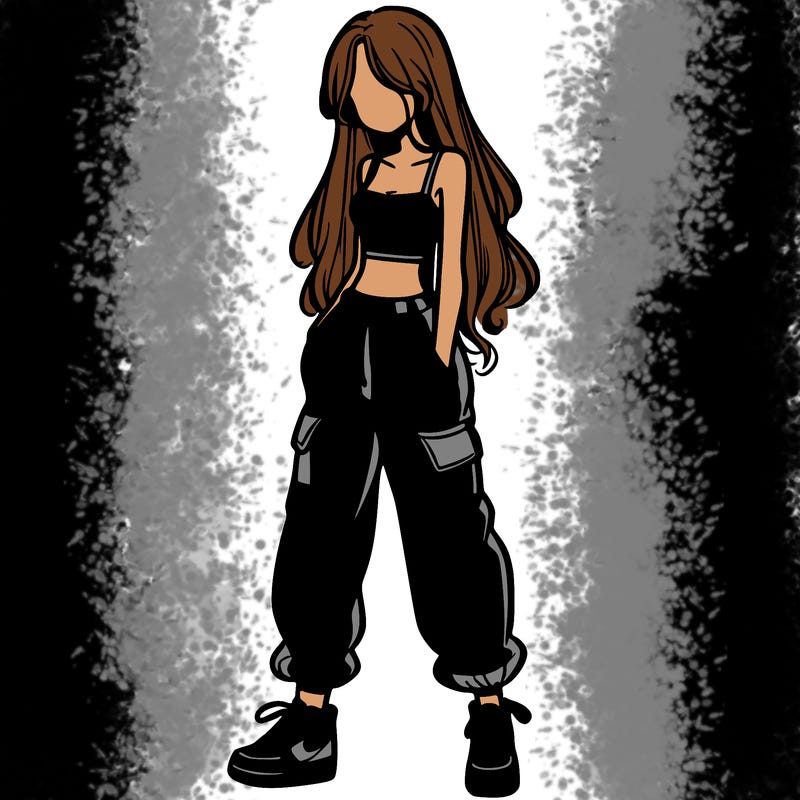 girl in baggy pants crop top and long hair