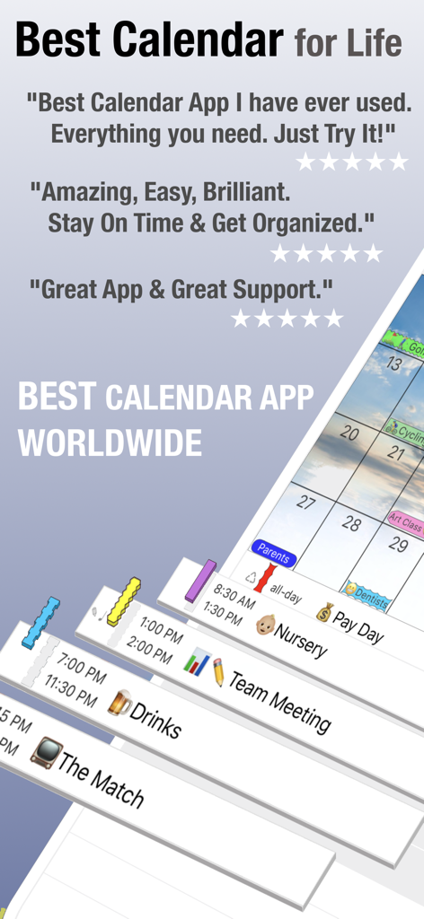 PocketLife Calendar - Immagine promozionale per PocketLife Calendar con testimonianze di utenti a cinque stelle e un programma visivo di eventi giornalieri