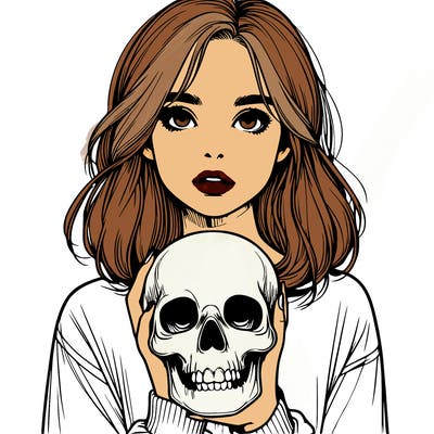 realistic girl holding a skull