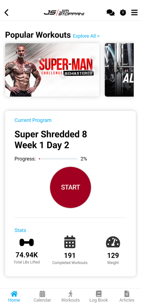 JIM Stoppani - Panel de control de la aplicación Jim Stoppani que muestra programas de entrenamiento y estadísticas de fitness