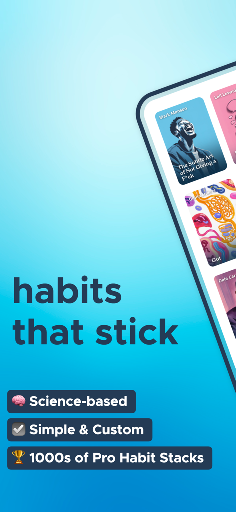 glue - new habits that stick - Glue app screen showcasing science-based habit tracking and Pro Habit Stacks based on popular self-help books.
