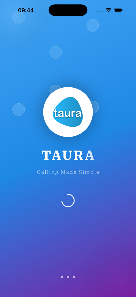Taura - Splash screen of the Taura calling app featuring its logo and the tagline Calling Made Simple on a blue background