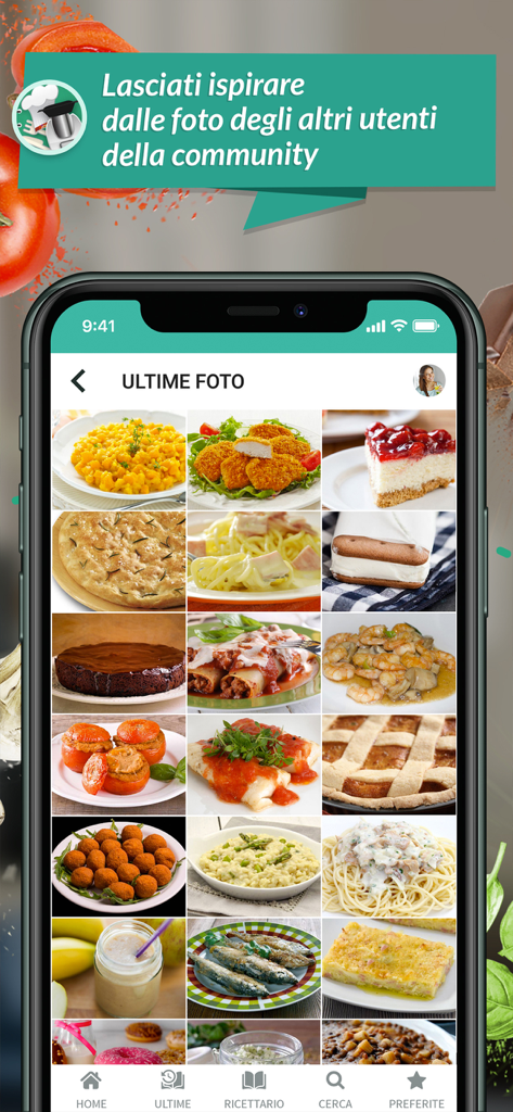 Ricette Bimby - Smartphone screen showing the Ricette Bimby app with a gallery of food photos shared by the user community