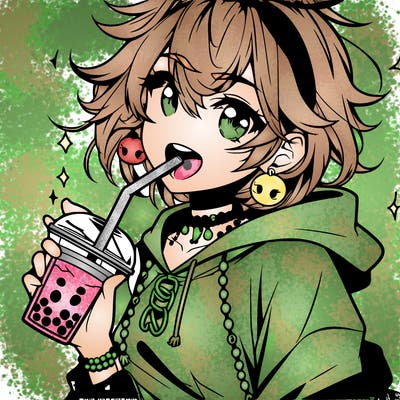 hot baddie anime girl drinking boba and biting the straw