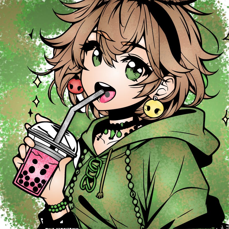 hot baddie anime girl drinking boba and biting the straw