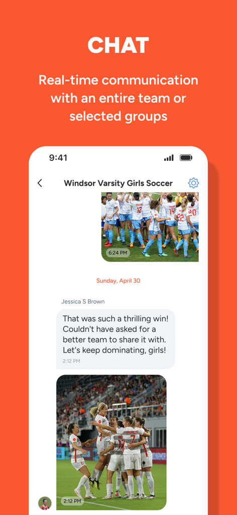 sportsYou - Interface of the sportsYou app showing a team group chat with messages and shared sports photos
