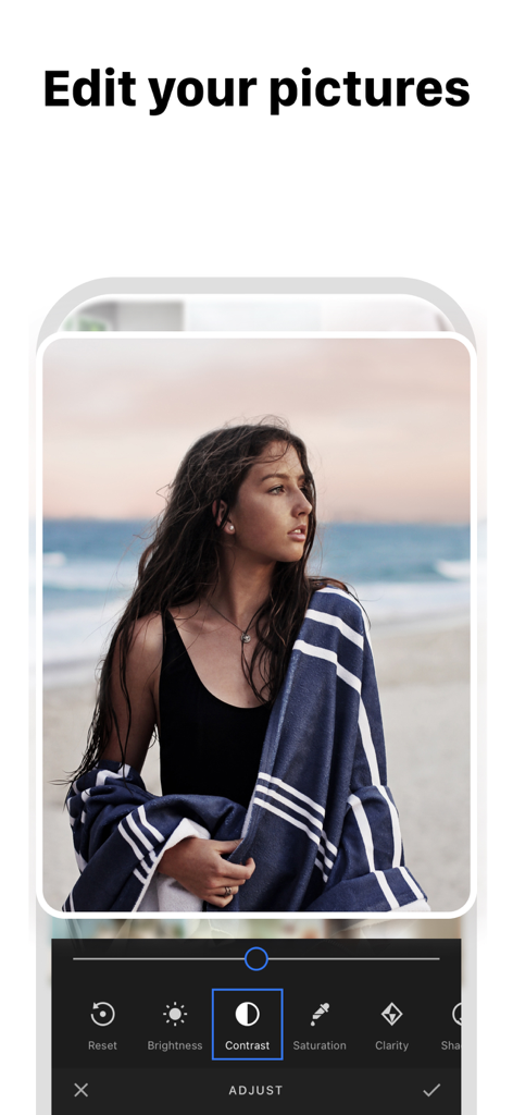 Feed Preview: Ig Grid Layout - コントラスト、明るさ、彩度などのオプションを示す写真編集インターフェイスを表示するFeed Previewアプリのスクリーンショット
