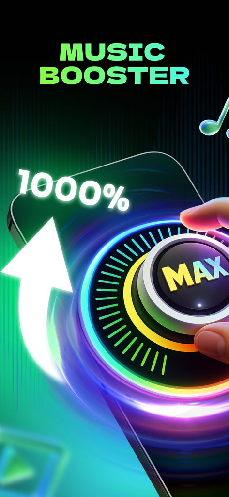 Music booster app interface showing a 1000 percent volume increase dial