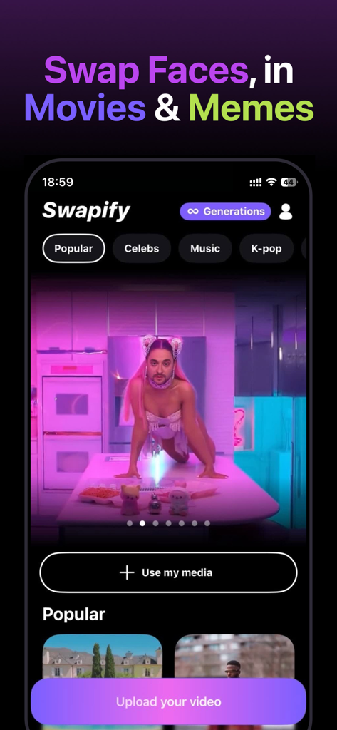 Interface of Swapify app showing face swap options for movies and memes