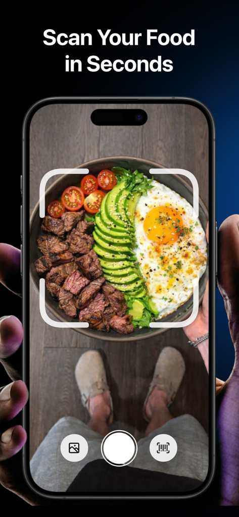 PrimeFit - Nutrition For Men - PrimeFit AI food scanner app interface showing a user scanning a high protein meal with steak and avocado