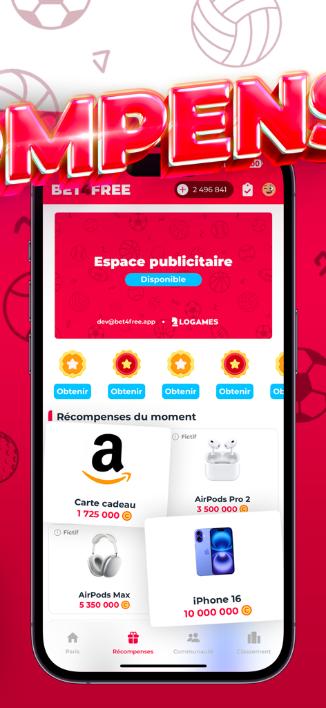 The rewards store in the BET4FREE app featuring electronics and gift cards available for prediction coins.