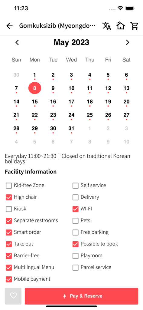 REDTABLE - REDTABLE app screen displaying restaurant booking calendar and facility information