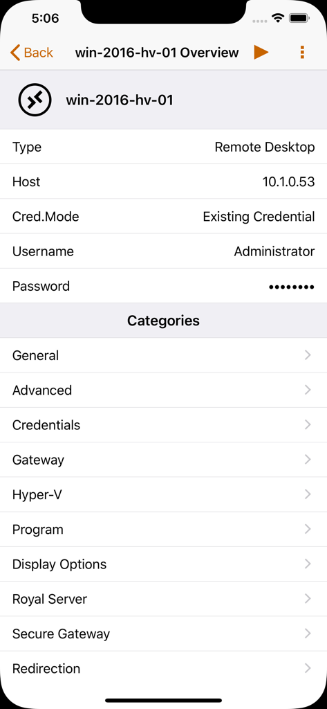 Remote desktop connection setup screen in Royal TSi Lite.
