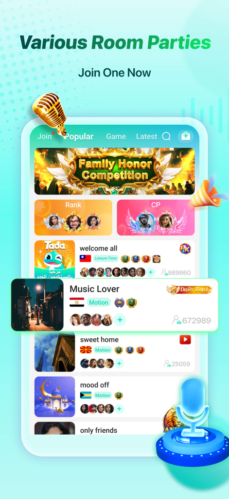 Tada - Group Voice Chat Rooms - Mobile app screen showing various group voice chat rooms and popular online parties