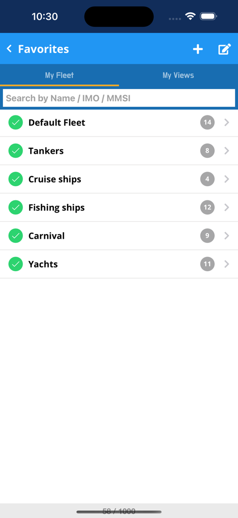 Écran Ma Flotte dans l'application VesselFinder Pro montrant des listes organisées de navires préférés comme les pétroliers et les navires de croisière.