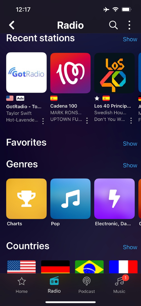 Audials Play - Radio & Podcast - Audials Play app dashboard showing radio stations music genres and country selection