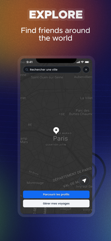 BEARWWW app explore screen featuring a map of Paris to find friends globally