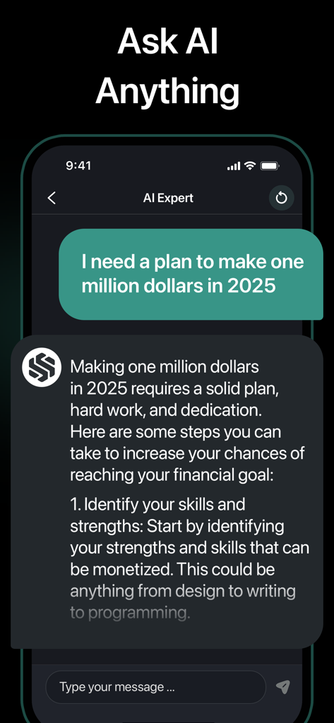 AI Expert - Chatbot Assistant - A smartphone screen showing the AI Expert app providing a financial plan for making one million dollars