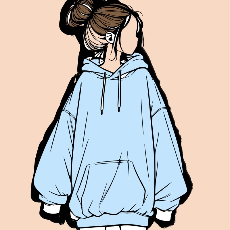 realistic girl with a oversized sweatshirt on and a bun