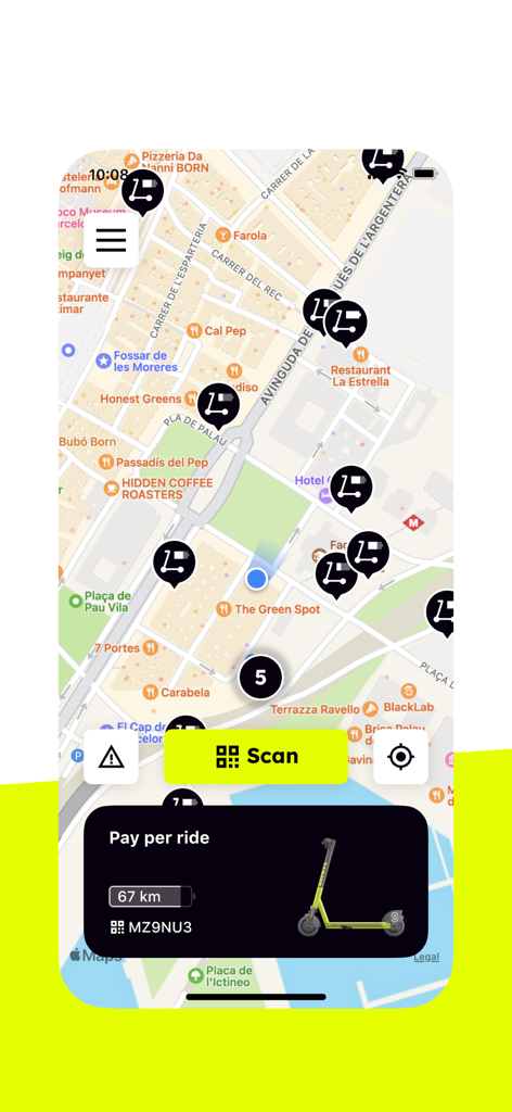 Map interface of the Superpedestrian LINK app showing available electric scooters for rent and battery levels.