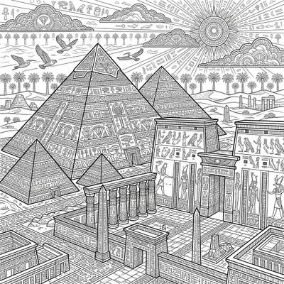 Embark on an epic coloring journey to ancient Egypt with this captivating Zentangle design. Explore majestic pyramids, grand temples, and intricate hieroglyphs, all brought to life with mesmerizing patterns, ready for your creative touch.