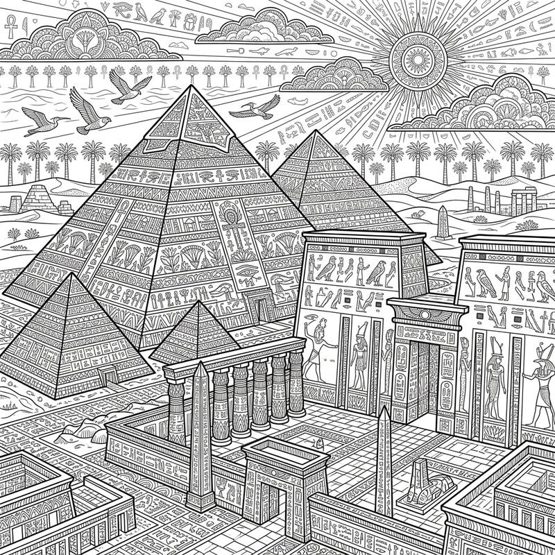 Embark on an epic coloring journey to ancient Egypt with this captivating Zentangle design. Explore majestic pyramids, grand temples, and intricate hieroglyphs, all brought to life with mesmerizing patterns, ready for your creative touch.