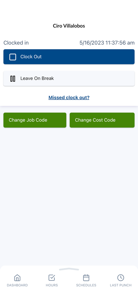 Interface móvel do TimeClock Plus mostrando botões de registrar ponto e licença em pausa