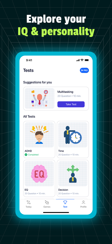 IQ Booster: Brain Games & Test - Screenshot of IQ Booster app showing various cognitive tests like ADHD EQ and multitasking
