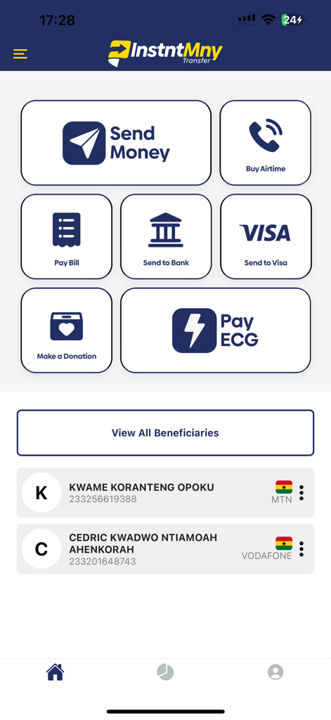 Painel do aplicativo Instntmny Transfer mostrando opções para enviar dinheiro, pagar contas e comprar saldo de telefone