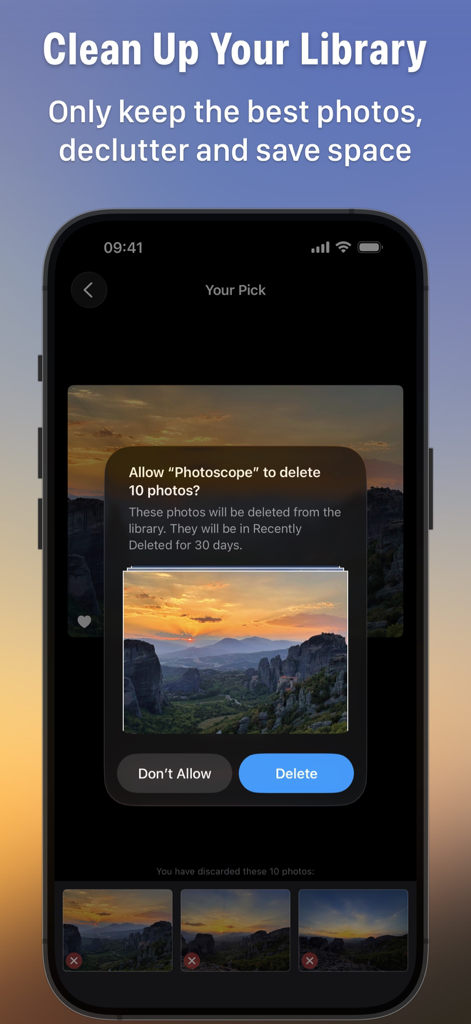 Photoscope: Best Photo Picker - Interfaz de la aplicación Photoscope en iPhone que muestra una indicación para eliminar fotos similares y organizar la galería