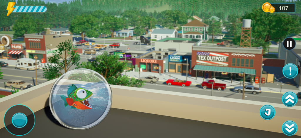 Hungry Piranha Aquarium Fish - A cartoon piranha in a water bowl on a rooftop overlooking a suburban city street in a survival simulation game