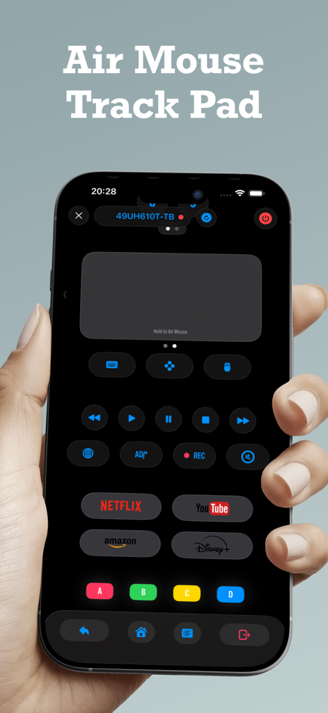 Remote Plus - Smart TV Remote - Hand hält ein iPhone mit der Remote Plus Smart-TV-Fernbedienungs-App mit Air-Maus-Trackpad und Streaming-Verknüpfungen