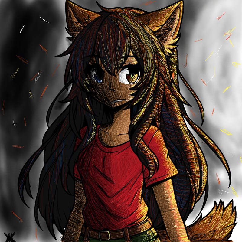 manga girl with wolf ears long hair jeans and t-shrit