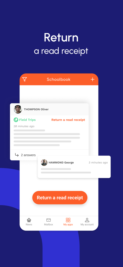 Interface de l'application ONE Pocket montrant un message scolaire avec un bouton proéminent pour renvoyer un accusé de lecture.