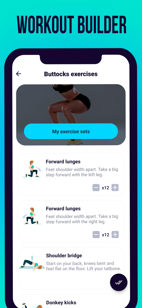 Butt And Legs Workout Fitness - Interfaz de la aplicación que muestra una lista de ejercicios de glúteos como zancadas hacia adelante y puentes de hombros en un constructor de entrenamientos