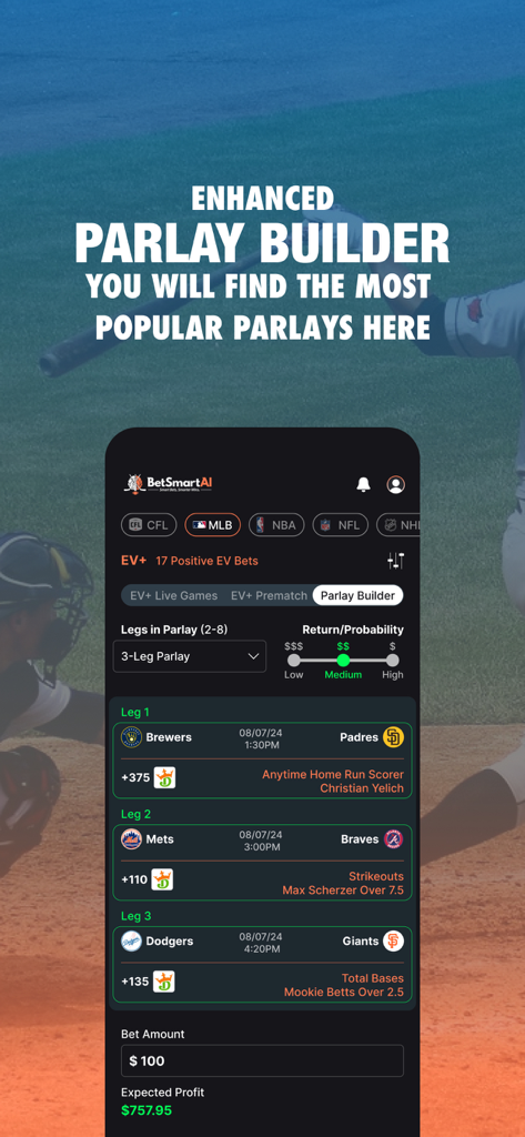 AI Sports Betting : BetSmartAI - Interfaz de la aplicación móvil BetSmartAI con un constructor de parlays mejorado para juegos de la MLB con cálculo de ganancias esperadas.