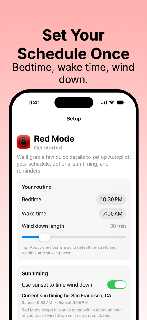 Red Mode: Red Screen Night - Interface for setting a sleep schedule and wind down routine in the Red Mode app.